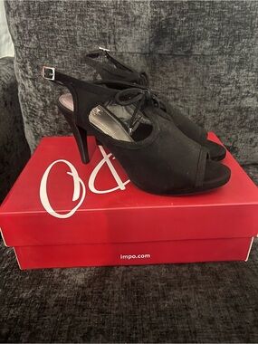 Impo Black Lace-Up Peep Toe Slingback Heels